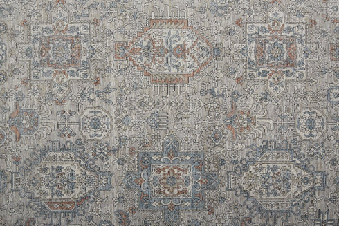 7' X 10' Silver Taupe and Blue Oriental Power Loom Worn Faded Area Rug With Fringe